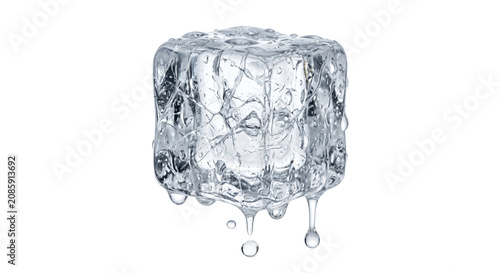 Fotografía Melting ice cube with water droplets falling, isolated on white background