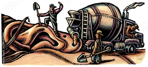 Foto construction workers, pour cement into the piercing of a giant ear