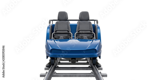 Obraz na płótnie Front view of a blue roller coaster car with two seats on tracks