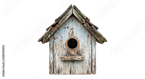 Obraz na plátne Rustic weathered wooden birdhouse with peeling blue paint and perch