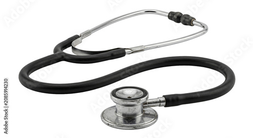 Foto Classic black stethoscope with chrome accents on a white background