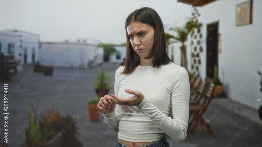 Fototapeta premium Woman in white long sleeve top inspects her fingers, rubbing a fingertip beside stacked chairs and potted plants on a street; worry reflection.