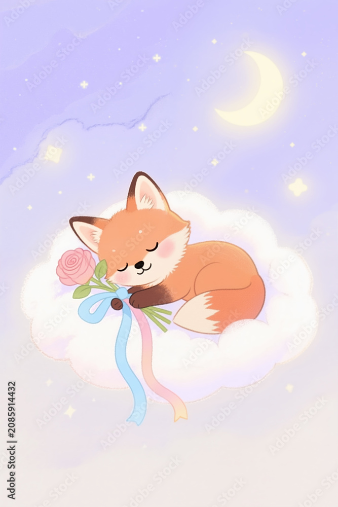 Fototapeta premium A cute cartoon fox sleeps on a white cloud, holding a rose, under a soft purple sky with a glowing crescent moon and stars.
