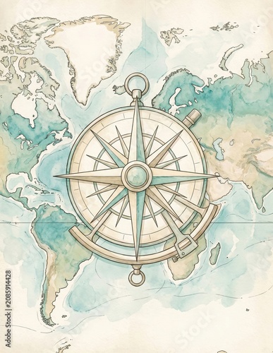 Watercolor world map presenting a vintage compass rose, representing navigation and adventure
