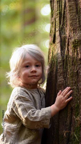 young child, 6-8, in earthy clothes, tenderly embraces ancient tree trunk in serene forest, golden hour light, shallow dof. Concept of environmental stewardship