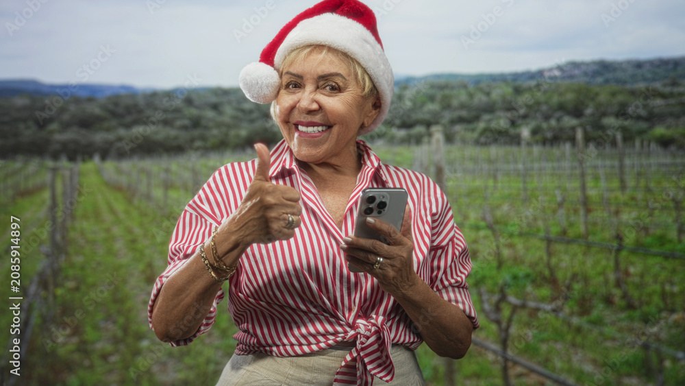 Obraz premium Woman wearing santa hat gives thumbs up while holding smartphone in a vineyard forest; holiday cheer.