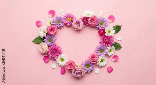 A beautiful heart shape formed by assorted pink and white flowers on a soft light pink background