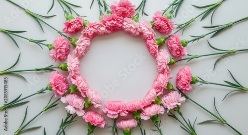 A beautiful ring of fresh pink carnation flowers arranged on a light grey studio background