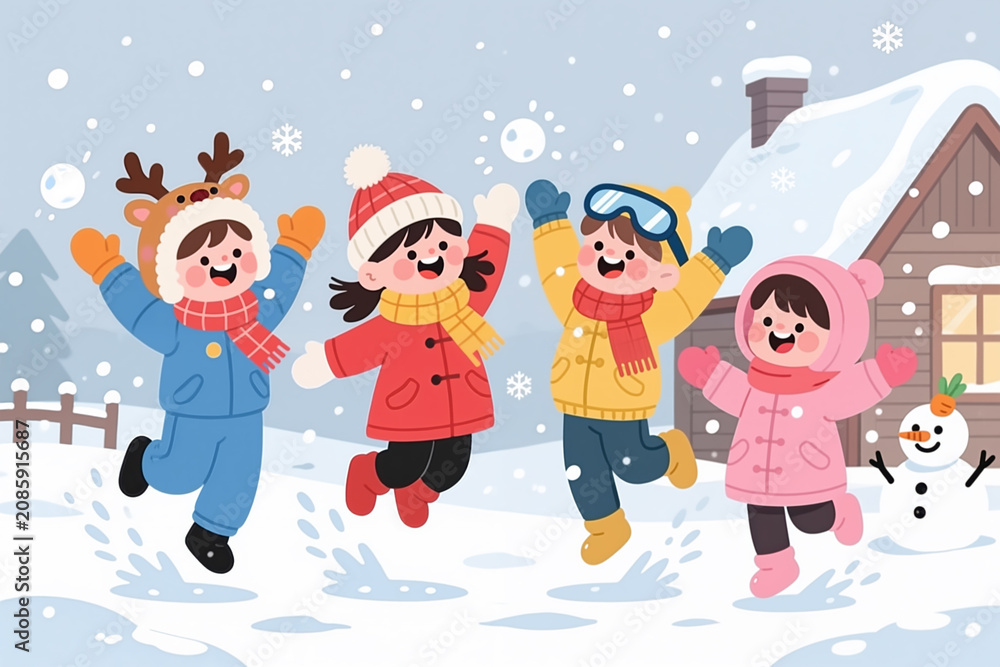 Naklejka premium Four children in colorful winter clothes jump in the snow with a snowman and house in the background, snowflakes falling around them.