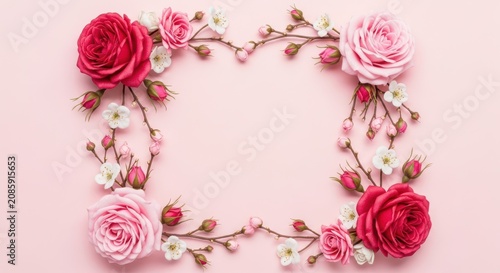 A beautiful rectangular frame made of vibrant pink and red roses on a soft light pink background