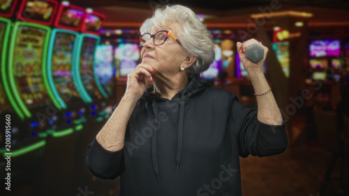 Foto Senior woman in black hoodie holds 1kg dumbbell aloft with hand on chin amid slot machines in a casino; contemplation fitness