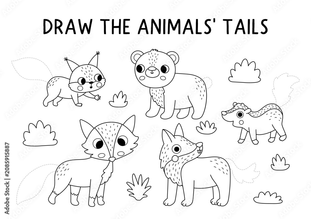 Fototapeta premium Black and white forest drawing game with cute animal tails. Woodland tracing activity. Line nature printable worksheet, coloring page for kids with squirrel, fox, wolf, skunk, lynx rare body parts