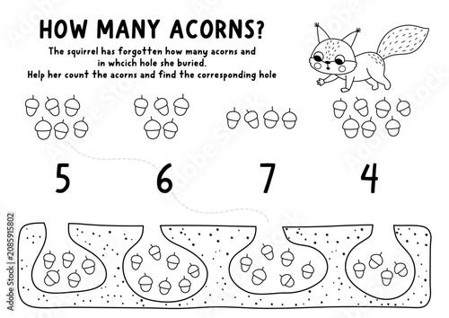 Obraz na plátně Black and white match the numbers forest game with squirrel burying acorns in holes