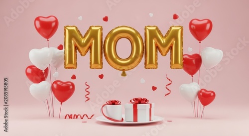 A festive celebration graphic featuring golden balloons spelling mom for mothers day holiday event