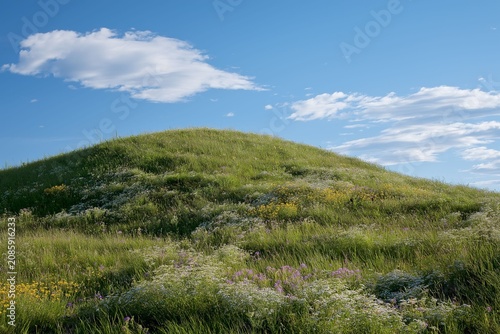 Lush green hillside adorned with colorful wildflowers beneath a bright blue sky dotted with fluffy white clouds