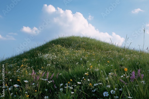 Lush green hillside adorned with colorful wildflowers beneath a bright blue sky on a sunny day