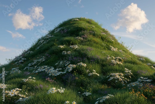 Vibrant green hill covered with wildflowers under a bright blue sky during a sunny day perfect for nature and landscape themes