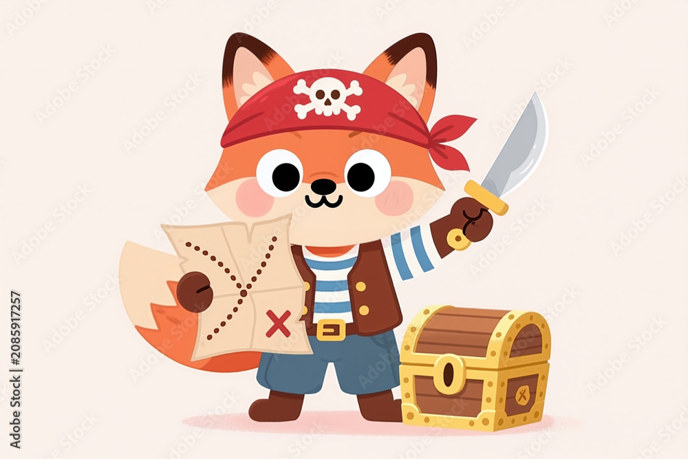 Fototapeta premium A cartoon fox dressed as a pirate, holding a sword and treasure map, standing next to a treasure chest, in a playful, digital illustration style with a beige background.