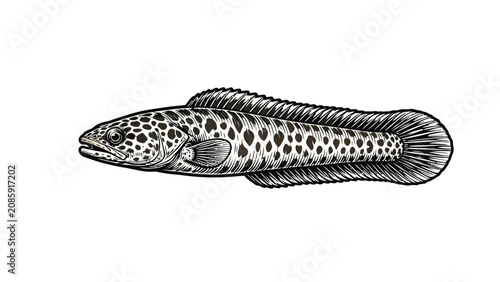 Detailed black and white ink illustration of a predatory snakehead fish with spotted skin patterns