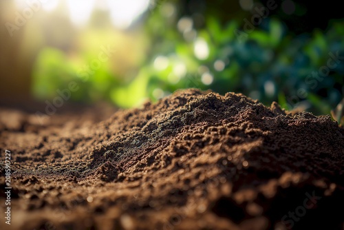 Close up of rich dark soil with blurred greenery in the background highlighting the importance of healthy earth for plant growth