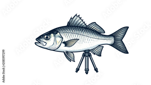 Detailed illustration of a silver bass fish standing on a professional camera tripod for photography