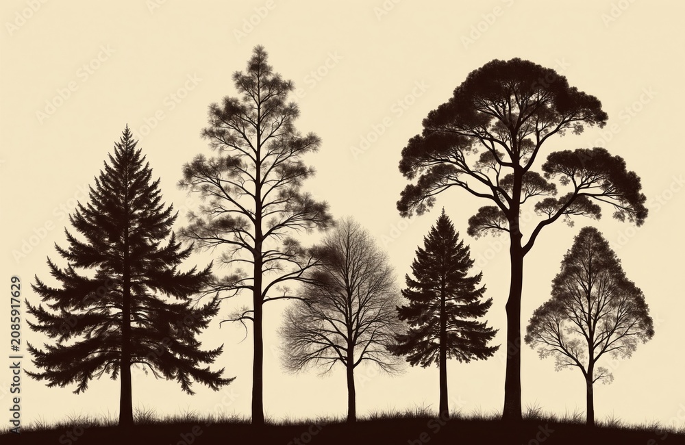 Fototapeta premium Collection of diverse tree silhouettes against light background. Features coniferous, deciduous species in varying heights, shapes. Minimalist forest elements for graphic design, nature themes.