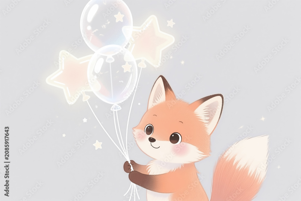 Fototapeta premium A cartoon fox with a fluffy tail holds balloons and stars in a soft, dreamy illustration with a light gray background.