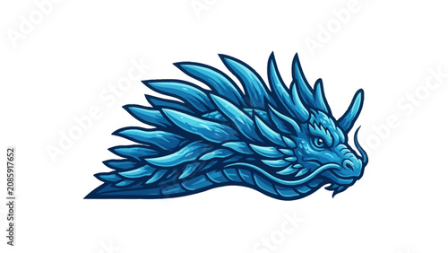 Fierce blue dragon head illustration featuring sharp scales and a majestic profile on white background