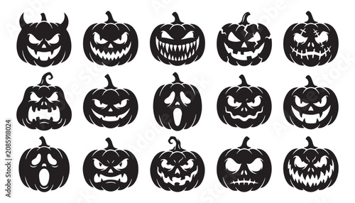 Collection of fifteen scary pumpkin silhouettes with various spooky carved faces for halloween design projects in a flat black and white vector style