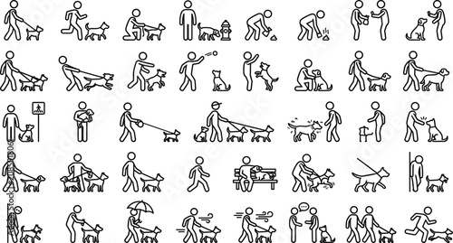 Canvastavla Set of simple black and white line icons showing people buying eating and enjoyi