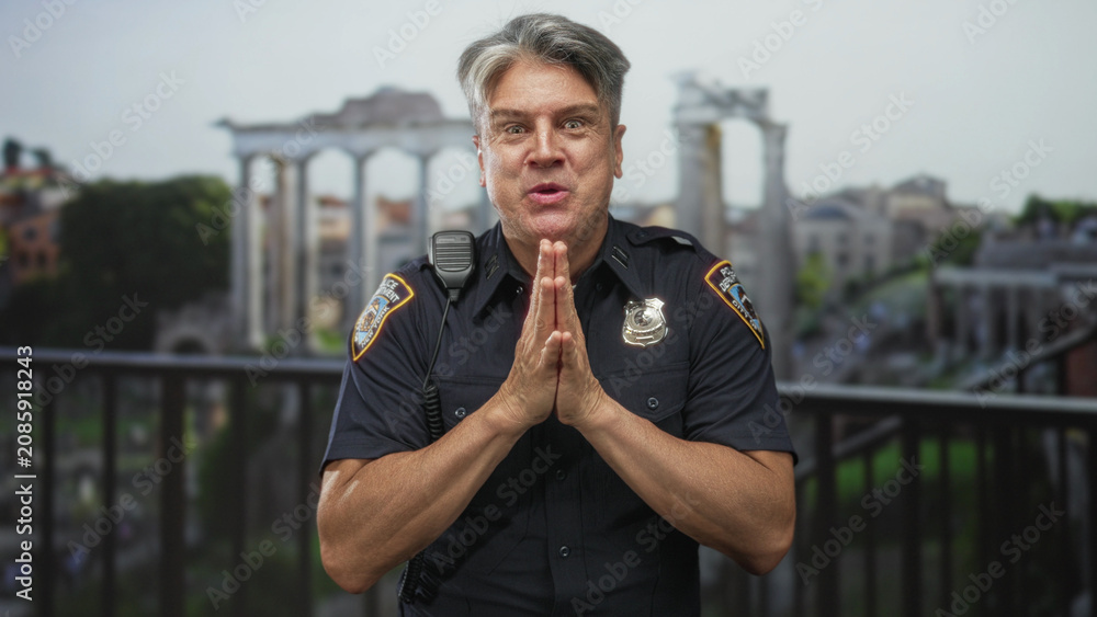 Fototapeta premium Police man clenches fists smiling widely, radio mic and badge visible on chest, on a balcony railing before ancient ruins building; pride duty.