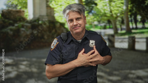 Photos Police officer man middle aged clutching chest, badge and radio visible, apparent heartattack while standing in public park with stone benches; duty concern