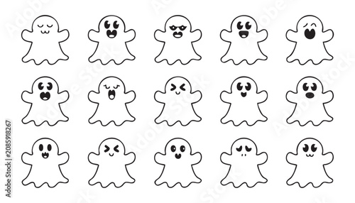Collection of cute ghost characters with various facial expressions in a simple black and white line art vector illustration style for design