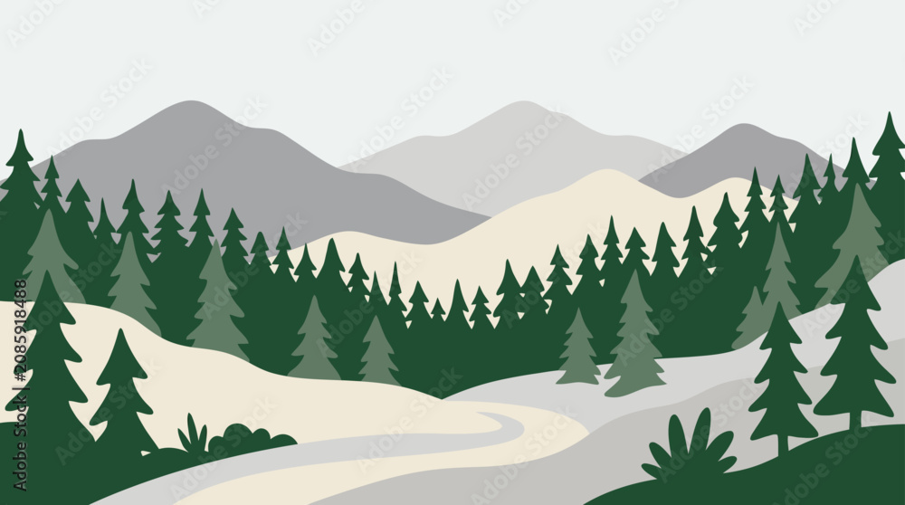 Fototapeta premium Snowy mountain peaks and pine tree forest landscape.