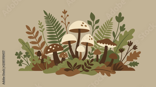 Fotografie Earthy forest floor with wild mushrooms and green ferns.