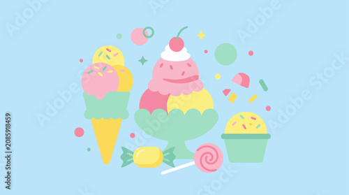 Colorful ice cream scoops cones and sweet candy treats.
