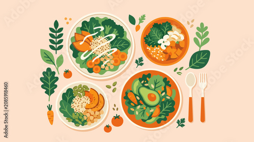 Flat lay of healthy vegetable and grain salad bowls.