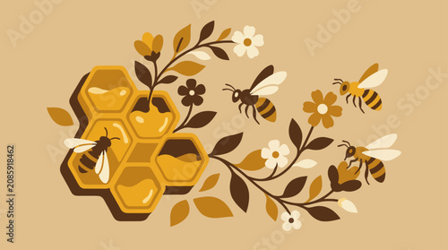 Honeybees gathering nectar near golden honeycomb and blossoms.
