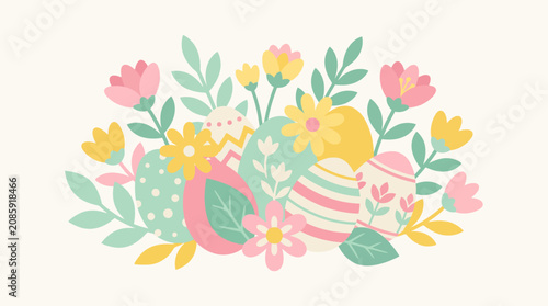 Easter eggs decorated with colorful spring floral bouquet.