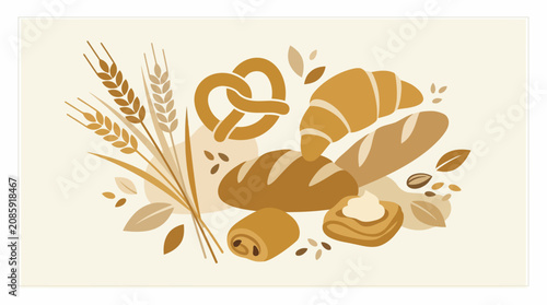 Assorted baked bread pretzels and wheat stalks on cream.