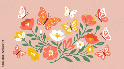 Butterflies fluttering around colorful spring flower arrangement.