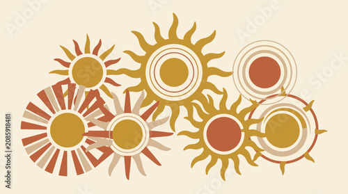 Bohemian stylized sun illustrations in earthy tones.