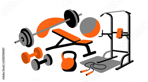 Home fitness equipment collection on white background.
