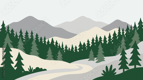 Snowy mountain peaks and pine tree forest landscape.