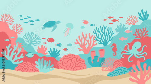 Colorful coral reef with diverse marine life.