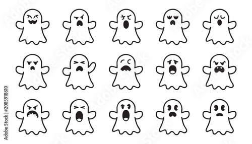 Collection of cute ghost icons with various facial expressions and emotions in a simple black and white line art vector illustration style design