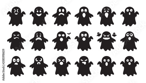 Set of black ghost silhouettes with various facial expressions and emotions isolated on a white background for creative graphic design projects