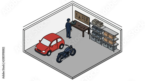 Foto Isometric Illustration of a Man in a Garage with Vehicles