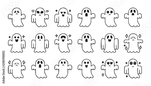 Set of cute ghost icons with various facial expressions in a simple black and white line art style for halloween design projects and spooky graphics