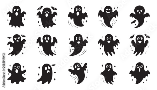 Collection of black ghost icons featuring various spooky expressions and floating poses in a flat vector illustration style for halloween design pr...